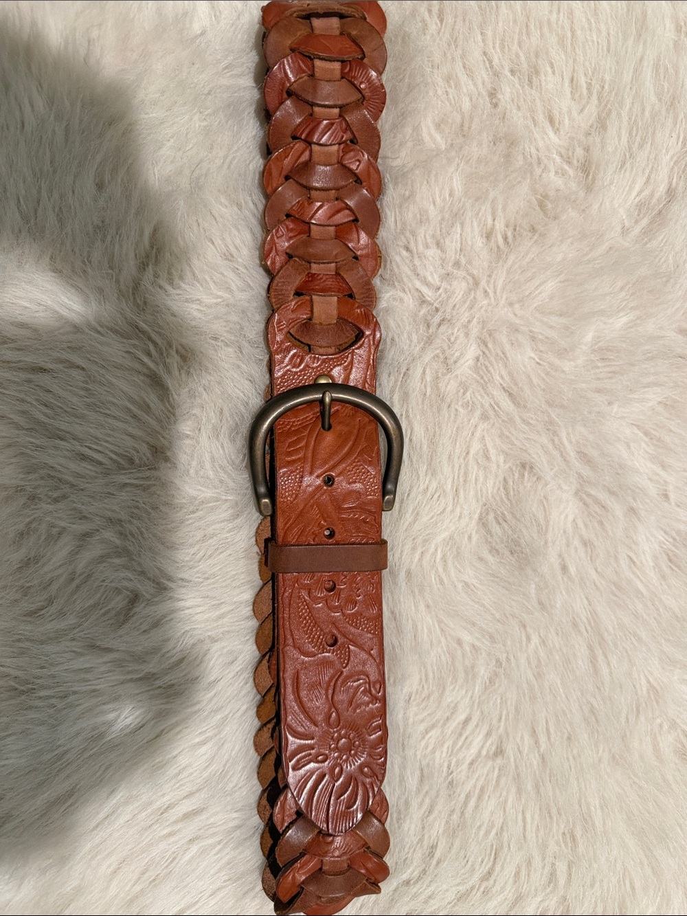 Vintage Braided Tooled Honey Brown Leather Belt - M